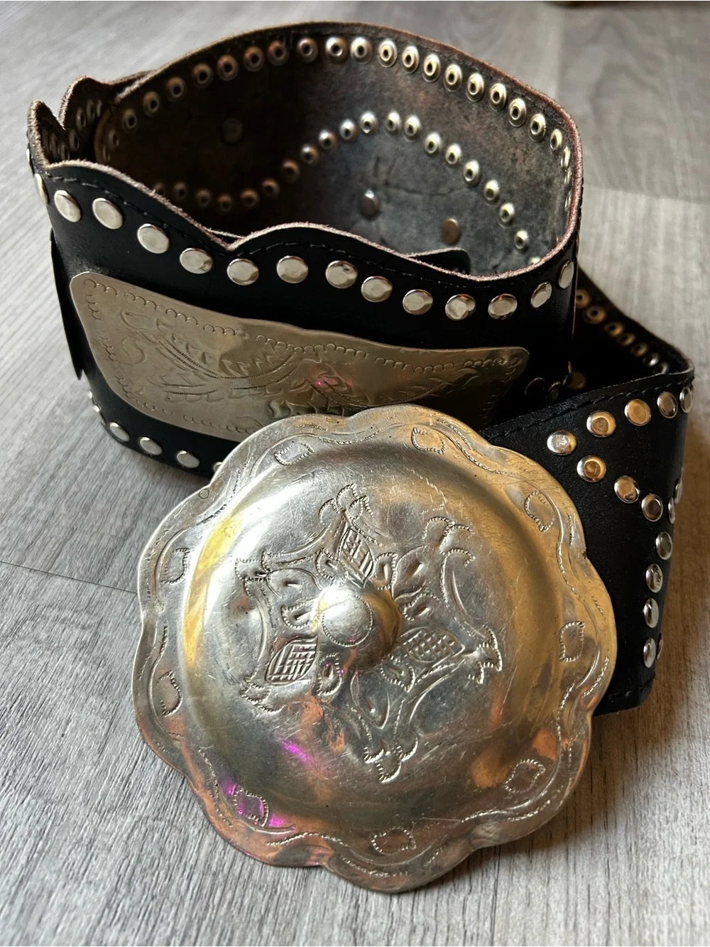 Free People Black Leather Western Belt with Ornate Silver Concho